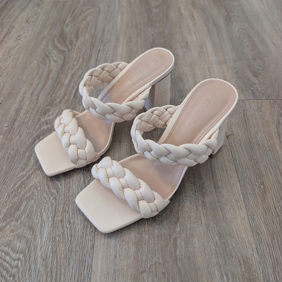 Syktkmx Shoes - Women's Braided Heeled Sandals Backless Square Open Toe Block Slide Sandals